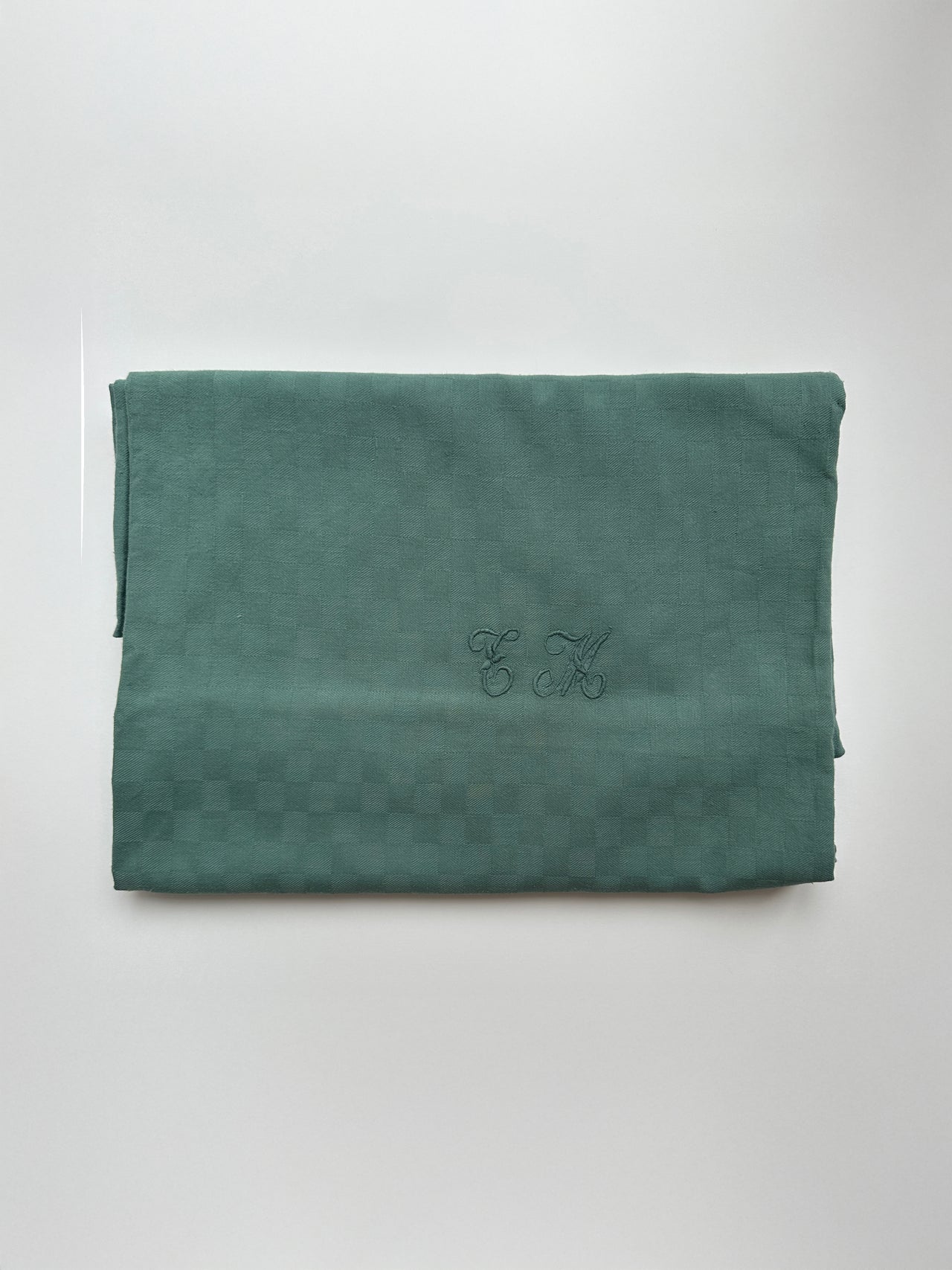 Nappe ancienne damassée - Monogramme TM- 160x200 cm - Eucalyptus