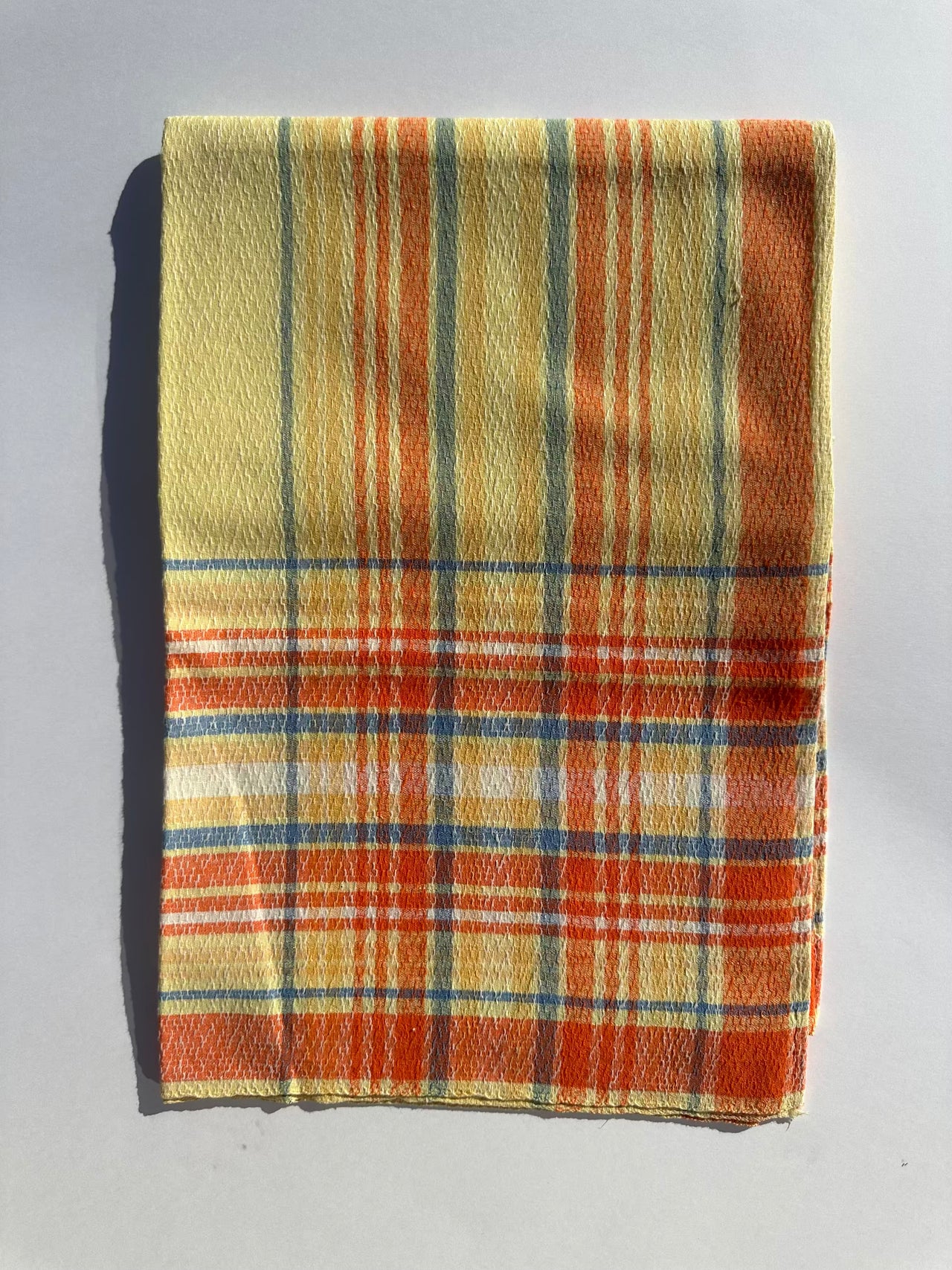 Linen tablecloth - "Années 70" - 120x120 - Yellow orange sky blue checks
