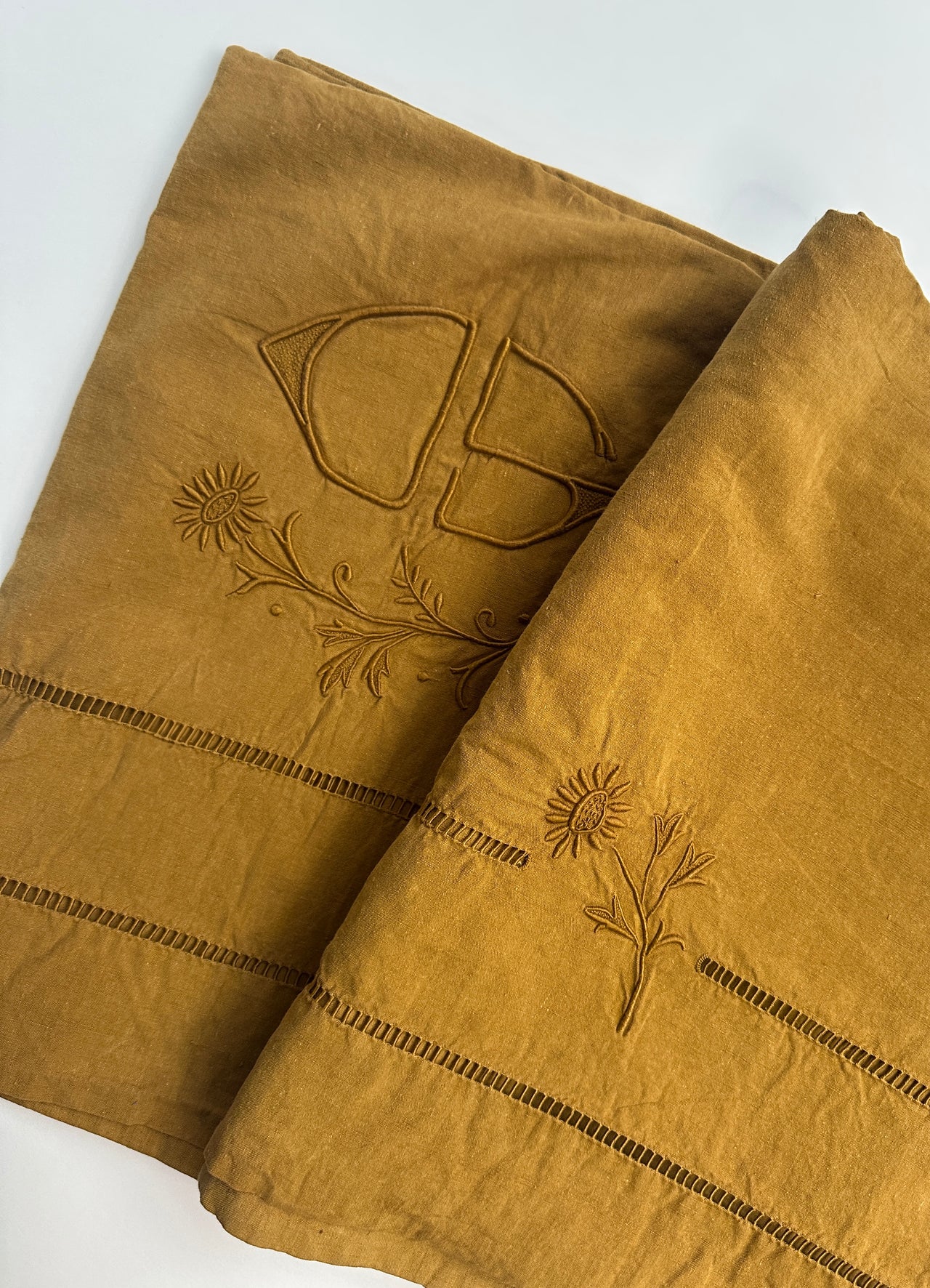Drap ancien en fil de lin - monogramme SD - 200x250cm - Tabac