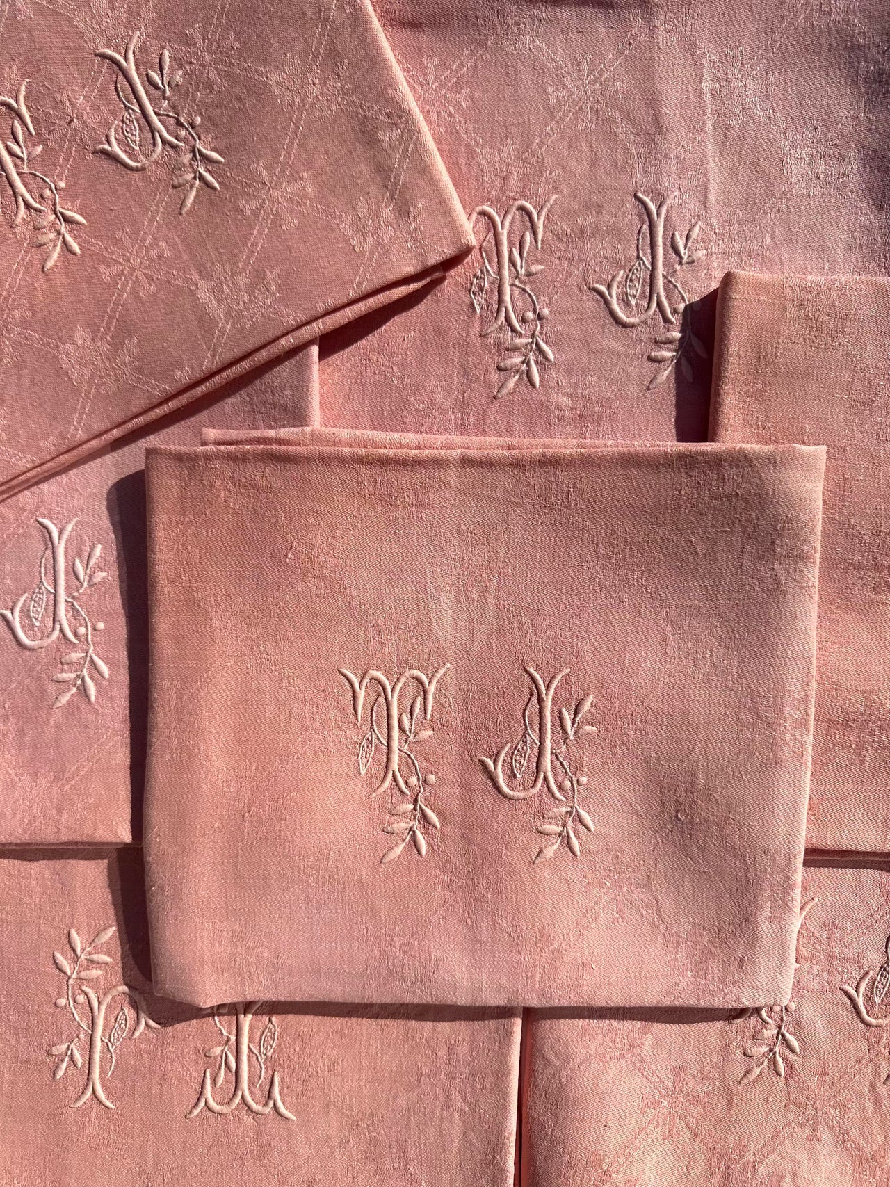 Set of 7 vintage damask napkins - monogrammed TJ - Ballerina