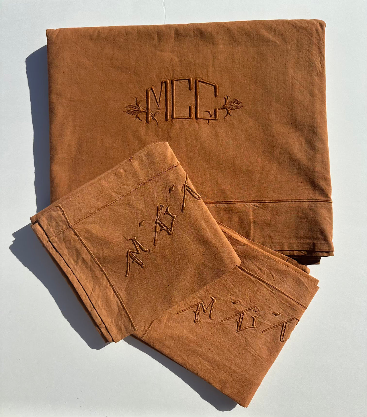Antique Cotton Sheet - Monogram MCC - 210x280cm - 2 pillowcases - Terre de Sienne