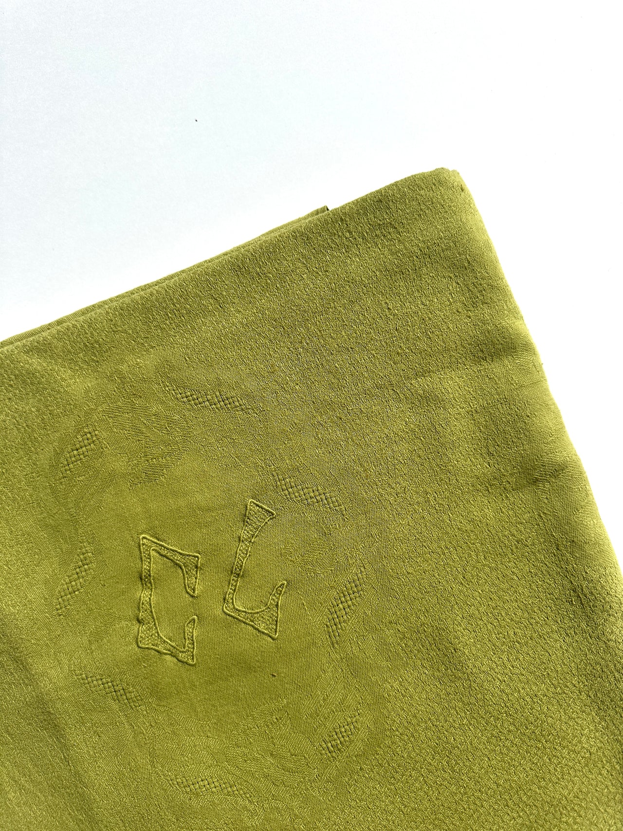 Antique damask tablecloth - Monogramme TM- 160x200 cm - Eucalyptus